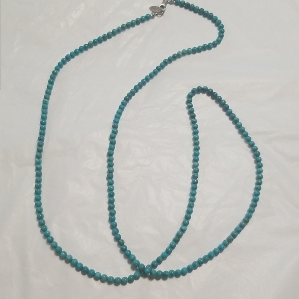 TURQUOISE BEAD NECKLACE, 36" With 925 SS Lobster Claw Clasp.  EUC, J#35